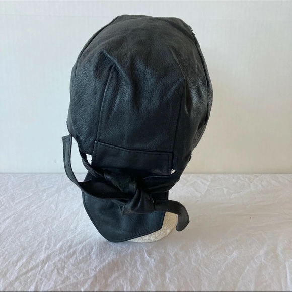 Motorcycle Skull Cap Tie Back Black leather One Size - Picture 4 of 4